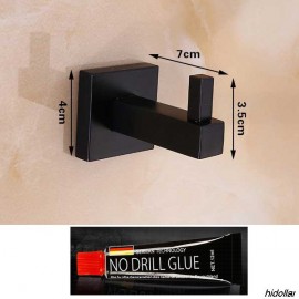 SQUARE BLACK DOUBLE DUAL ROBE HOLDER HOOK COAT HANGER STAINLESS STEEL NO DRILL