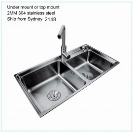 DOUBLE KITCHEN SINK BOWL UNDER/TOPMOUNT SINK 304 STAINLESS STEEL +STRAINER 2MM