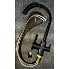 KITCHEN LAUNDRY GOOSENECK 3 WAY SINK MIXER TAP HOT & COLD PLUS DRINKING WATER OUTLET BLACK FREE POST