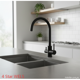 KITCHEN LAUNDRY GOOSENECK 3 WAY SINK MIXER TAP HOT & COLD PLUS DRINKING WATER OUTLET BLACK FREE POST